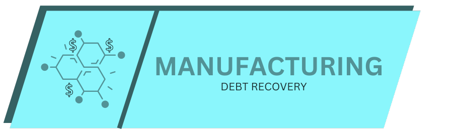 Blue manufacturing debt recovery logo with a chemical icon and money signs