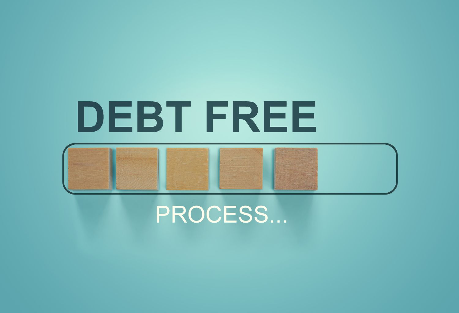 Finance conceptual, Business concept: Woodblocks with the word Debt Free in the loading bar progress. Depicts repayment planning and money management. To increase financial liquidity to pay off debt. Chemical Distribution Debt Recovery